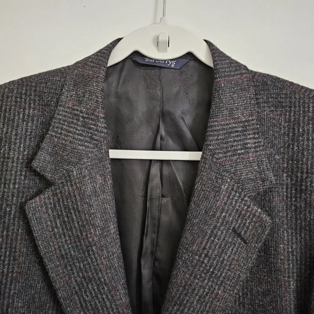 Burberry Blazer Jacket 46R XL Pure Camel Hair Wiedemans Dark Gray Plaid‎ Vintage